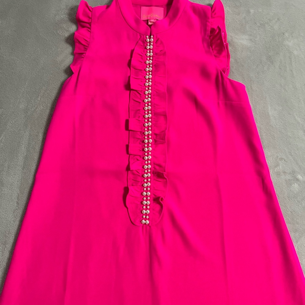 Lilly Pulitzer - Adalee Shift Dress-Hot Pink Sleeveless Ruffle Pearl-Trim - Picture 2 of 3